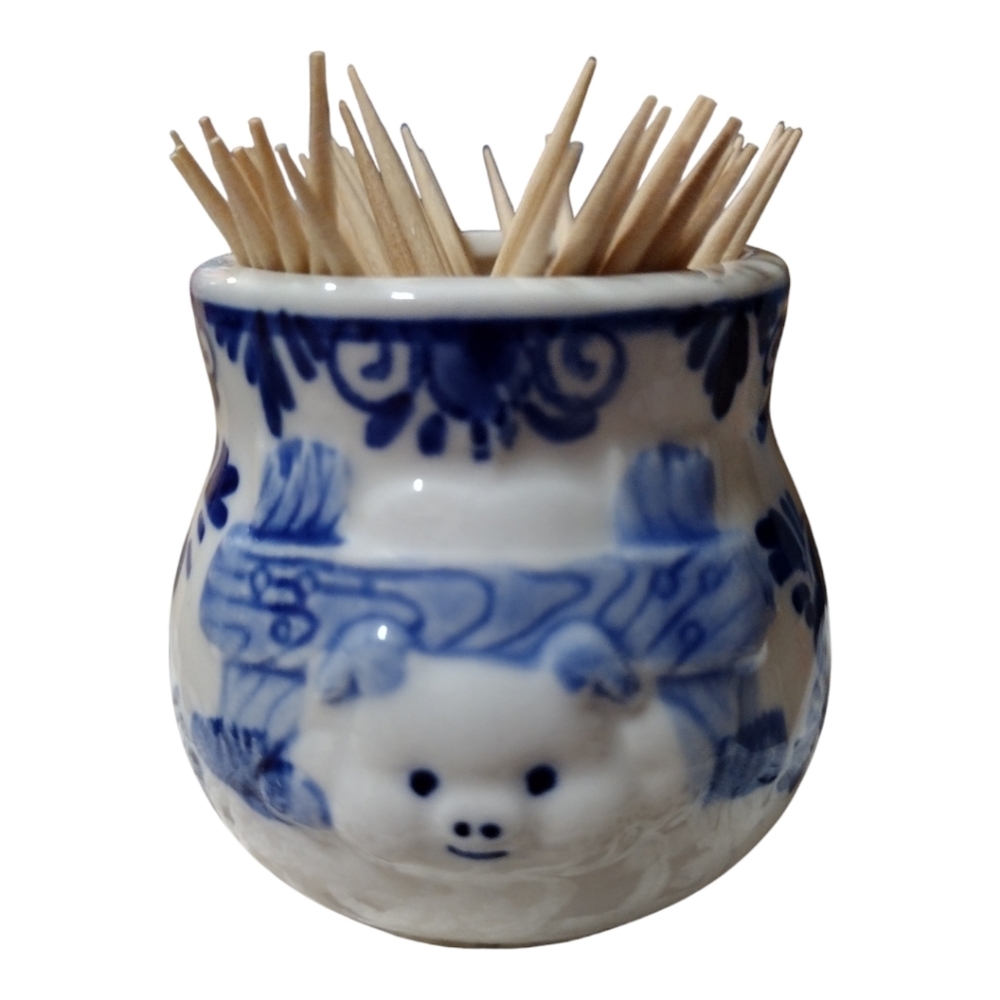 Vintage D.A.I.C. Delft Blue Pig Caught in Fence Toothpick Holder‎